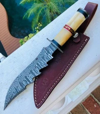 Damascus Steel Serrated /Smooth Blade 12" Knife Bone Resin Handle Leather Sheath