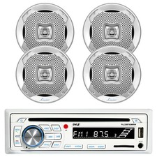 4 Marine 400W Silver 6.5" Speakers, Pyle 1DIN Bluetooth USB AUX Marine Receiver