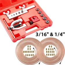 Brake Line Repair Kit 3/16 + 1/4 25FT Copper Pipe Flaring Tool 32 Fittings Nuts