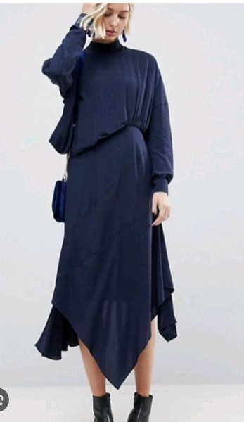ASOS Navy High Neck Midi Shift Dress UK 4 Long Sleeve Asymmetric Button
