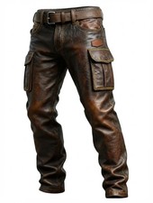 Men's Distressed Brown Leather Cargo Pants Vintage Biker Trousers