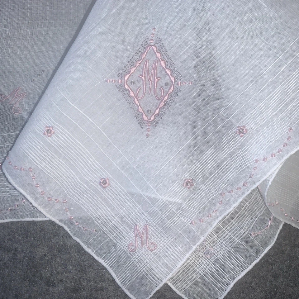 De Colección Monograma “M” Handky Boda Blanco Lino Madeira Bordado - Excepcional Foto 4 de 4