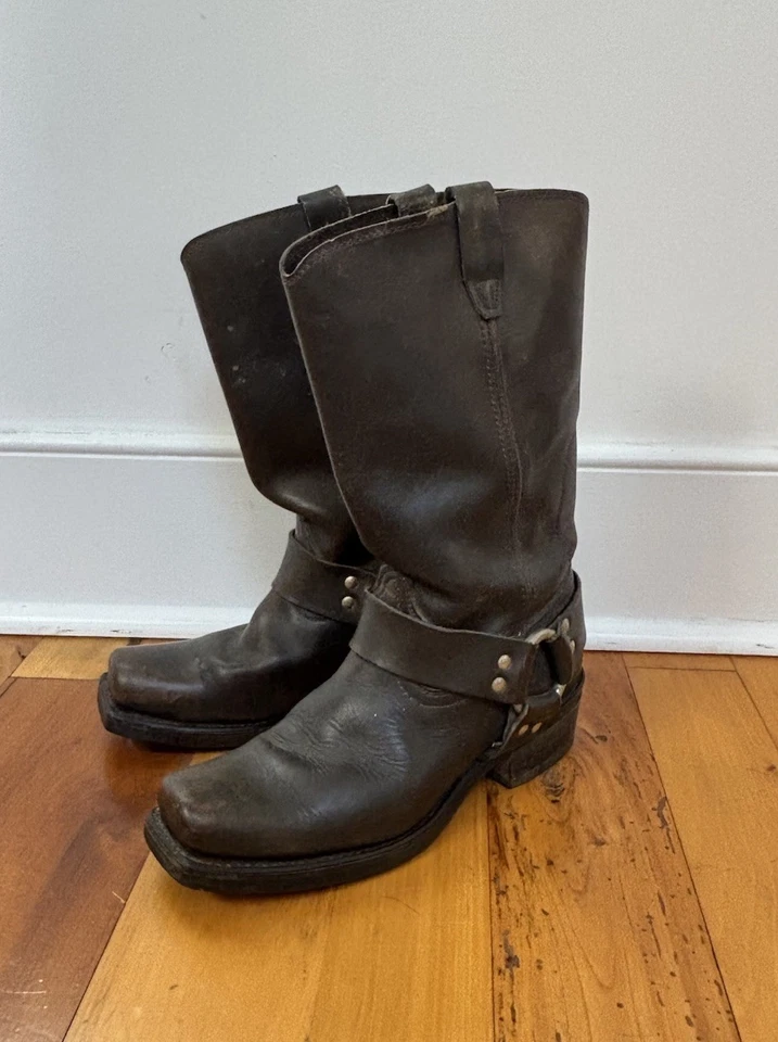 Mujer’s 8 Botas de Motocicleta Vulcan De Colección Cuero Marrón Hebilla Punta Cuadrada Pantorrilla Foto 3 de 4