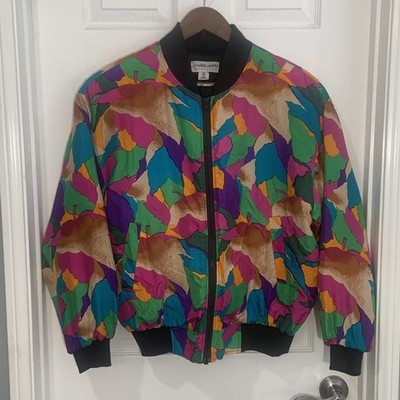 Vintage Carol Horn Silk Bomber Jacket Womens S Abstract 80s 90s Colorful Crop