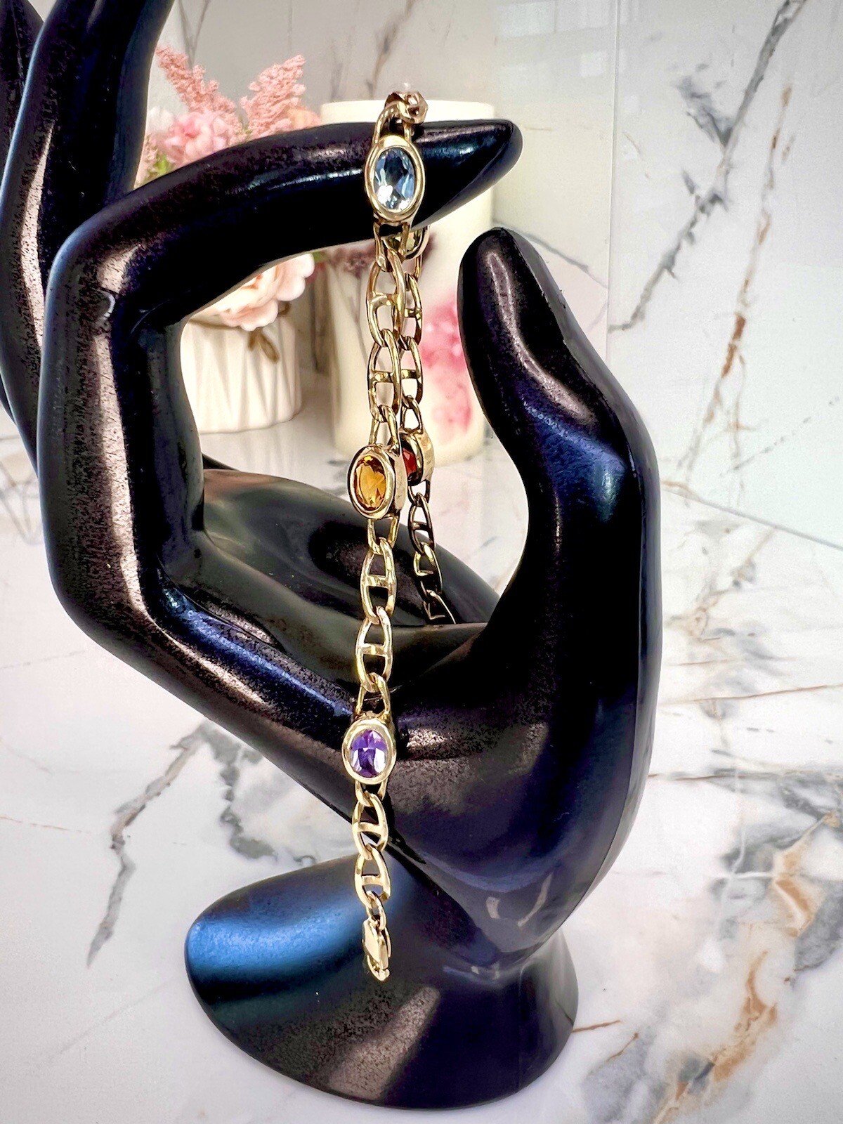 14k Solid Gold Vintage Jewelry Multi Gemstones Bracelet