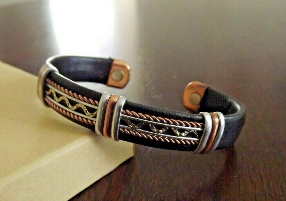 Solid Copper Leather Wrapped Magnetic Bracelet Energy Pain Jewelry Chain
