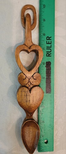 Hand Crafted Welsh Antique Wooden Love 9" Spoon w/ Hanging Loop - Picture 6 of 9