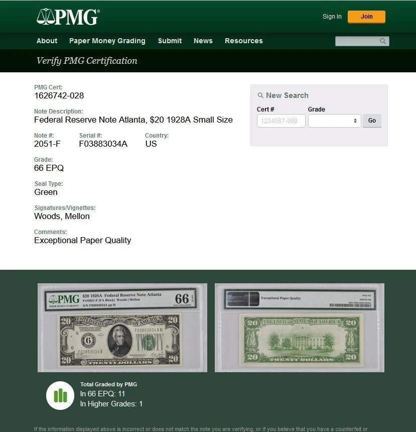 1928A $20 FRN Atlanta PMG Gem 66PPQ 2nd highest graded Atlanta Fr 2051-F - Image 2 of 3