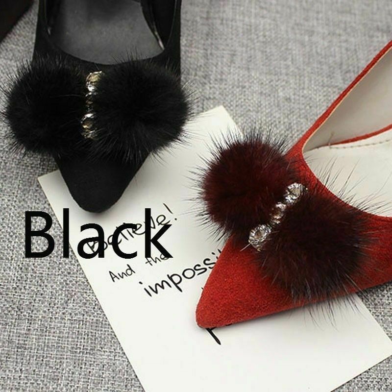 1 Pair Mink Fur Rhinestone Bow Shoe Clips Fluffy Ornament Heels Boot Charm Decor
