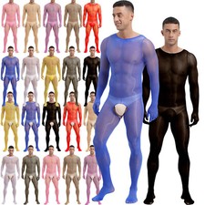Men's Shiny Oil Sheer Full Bodystocking Long Sleeve Glossy Bodysuit Catsuit