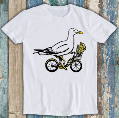 T-Shirt Möwe auf Fahrrad Vogel Pommes Fahrrad Parodie Meme lustig Unisex Geschenk M2943