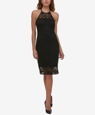 $118 Guess Womens Black Lace-UP Halter-Neck Knee-Length Ribbed Sheath Dress 8
