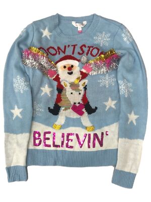 Junior Womens Blue Don't Stop Believing Unicorn Christmas Holiday Sweater