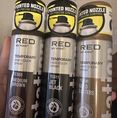 LOT OF 3 KISS TEMPORARY HAIR COLOR SPRAY MEDIUM BROWN,JET BLACK, GOLD LUSTERS