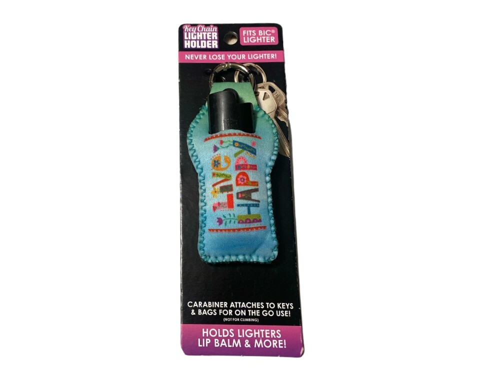 Live Happy Neoprene Carabiner Keychain Lighter Case / Lip Balm Holder
