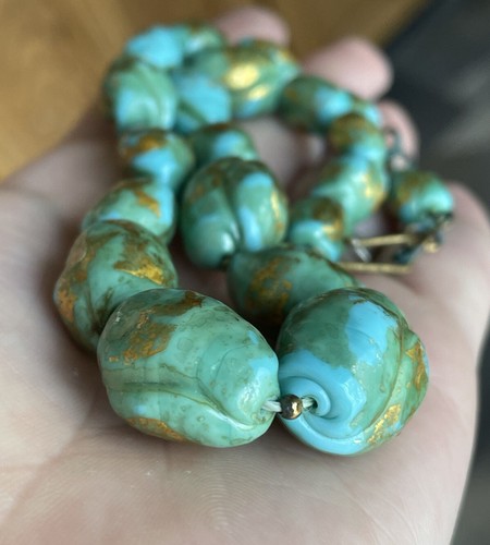 Collana antica 15" vetro veneziano ceco/italia deco perle avventurina turchese - Foto 4 di 16