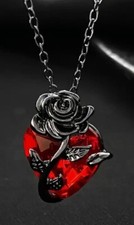 Red Heart Shape Stone Rose Flower Pendant Necklace - New - Gothic