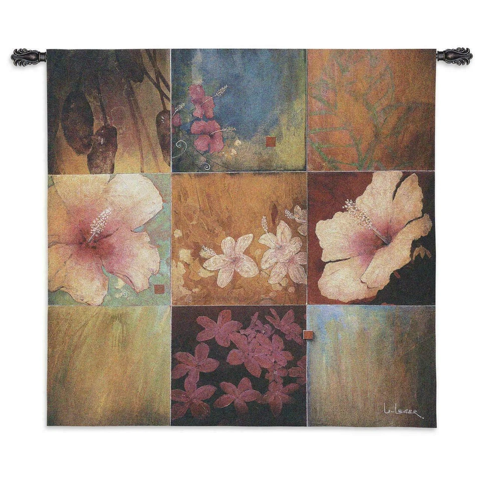 Tapiz tropical de nueve parches para colgar en la pared flores de hibisco diseño de isla 52x53" Foto 3 de 4