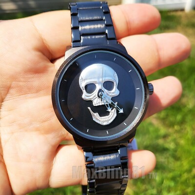 Skull Dial Bling Black Hip Hop Style Metal Band Watch Clubbing Party Fashion