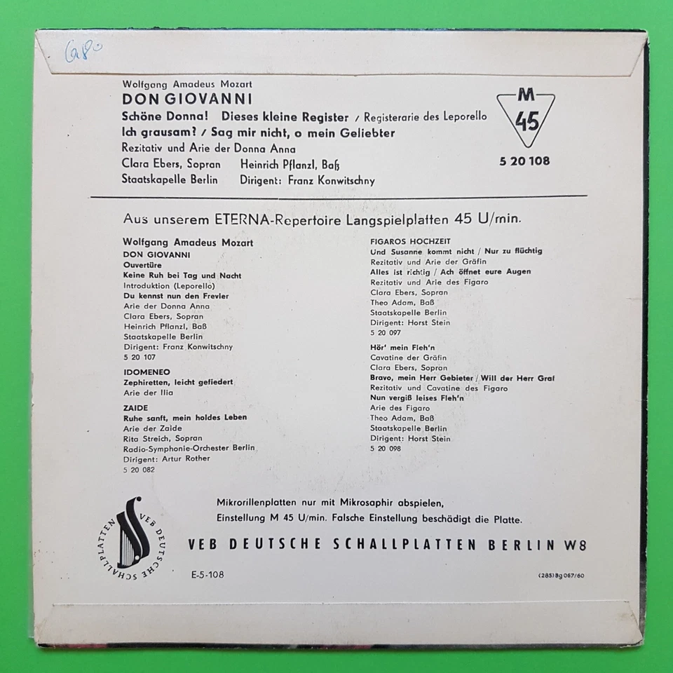 7" WOLFGANG AMADEUS MOZART DON GIOVANNI SCHÖNE DONNA ETERNA 520108 VINYL SINGLE - Bild 2 von 2