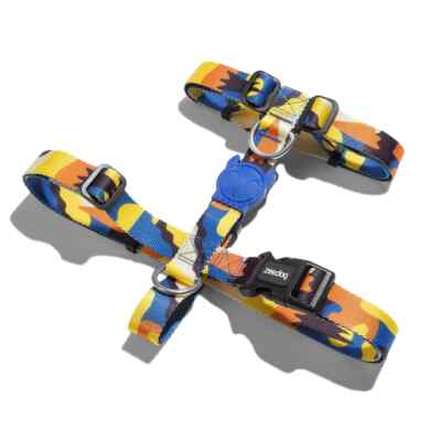 ZEE.DOG | Artsy Blue & Orange Adjustable Dog Halter H-Harness | Security Buckle