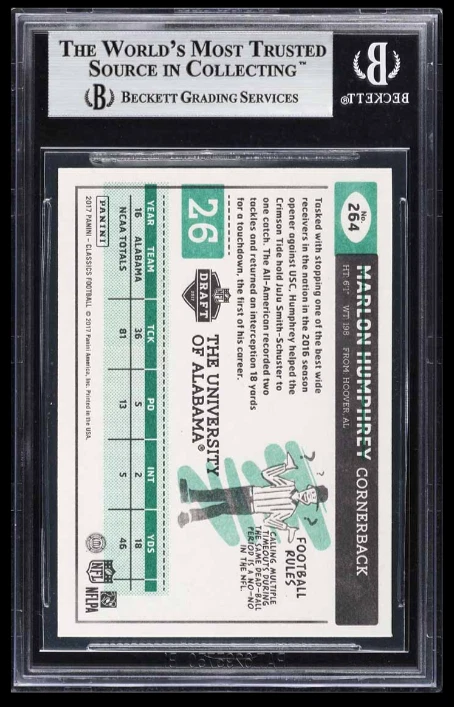POP 1: Marlon Humphrey RC BGS 9+: 2017 Classics Glossy Rookie Card Gisto #264 - Image 2 of 3
