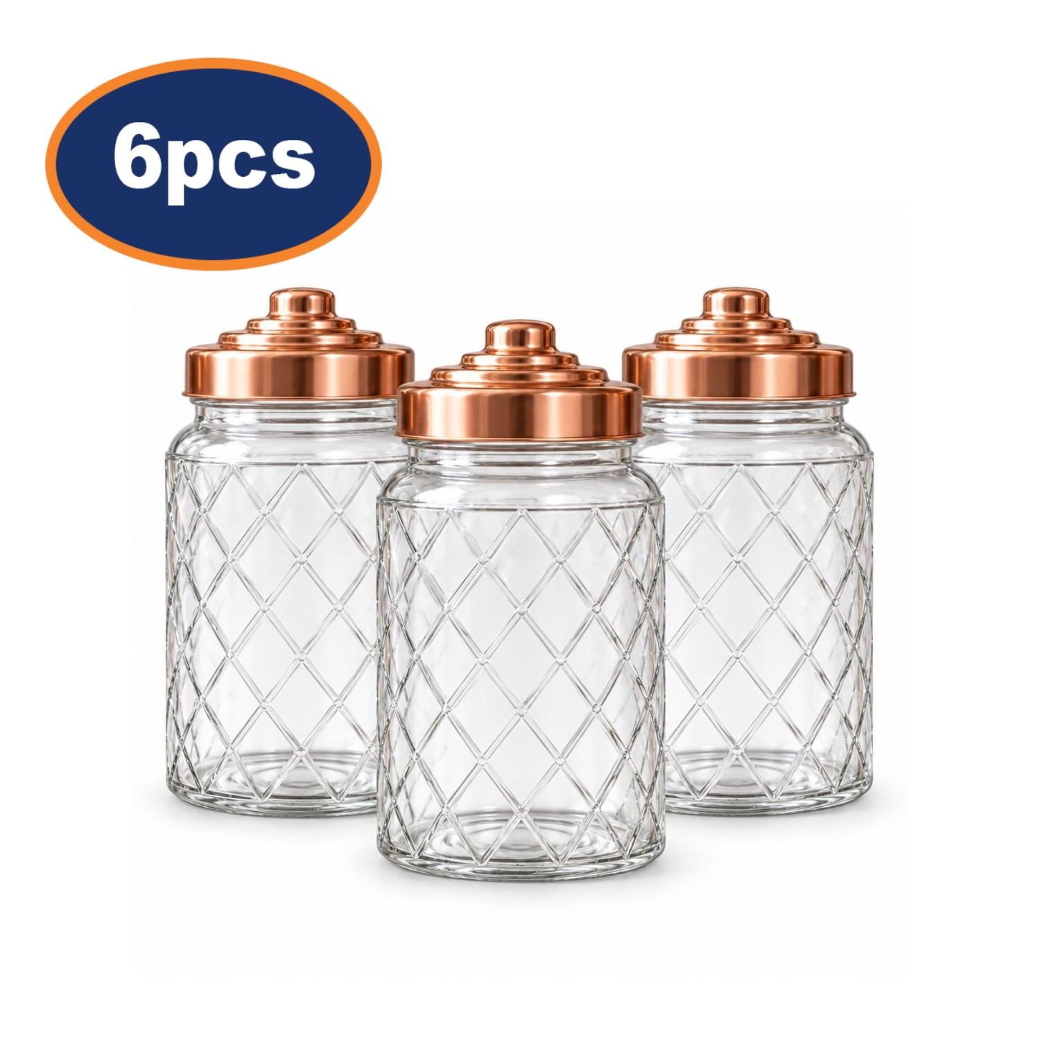 Storage Glass Jar 1L Set of 6 Airtight Copper Screw Lid Diamond Food Canister