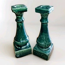 Vintage Antique Rowe Pottery Works  Green Glaze Taper Candlesticks Holders