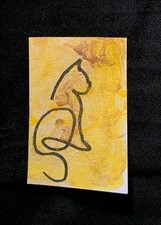 Original ACEO Cat Line Art Yellow Mini Painting OOAK Mixed Media by HelloAsha