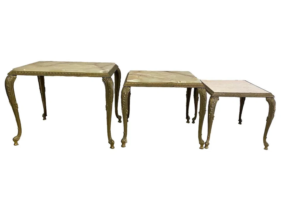 Juego de 3 mesas auxiliares de bronce, ónix y mármol Foto 4 de 4