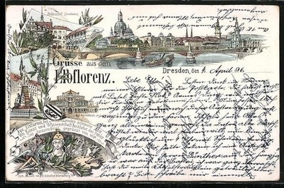 Lithographie Dresden, Schlosshof, Germania, Flusspartie mit Brücke 1896 