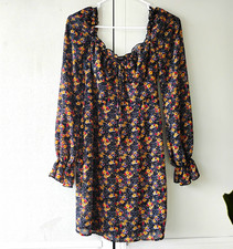 Nasty Gal Floral Mini Dress Black Square Neck Long Sleeve Ruffle Tie 2