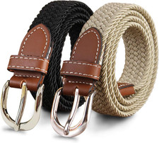 2 Pack 1'' Narrow Width Elastic Belt, Stretch Braided Skinny Fabric Woven Women