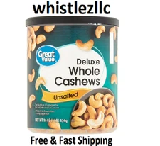 Great Value Deluxe Whole Cashews, Unsalted, 16 oz NEW