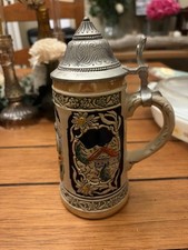 Vintage German-Style Beer Stein with Pewter Lid and Relief Castle Scene