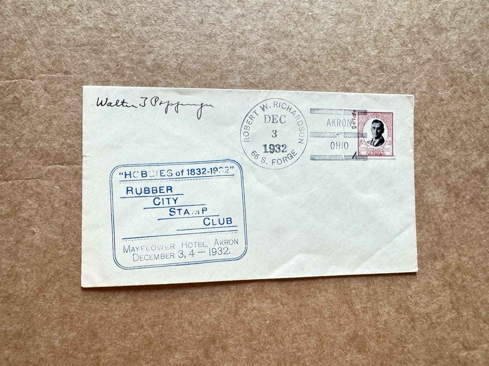 US 1932Event Cover +Akron Club Poster Stamp Frank +Robert Richardson CXL +Cachet