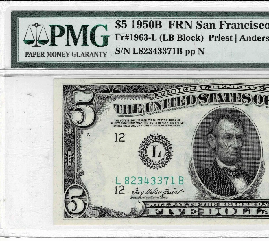 1950B $5 Federal Reserve note-fr.1963-L (San Francisco) PMG 67 EPQ-Only 1 Finer! - Image 3 of 4