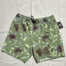 Volcom Swim Shorts Tropical Floral Green Burgundy Light Blue Elastic Waist M