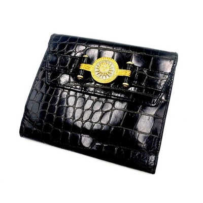 GIANNI VERSACE Wallet Crocodile Emboss Black Gold Bi fold Card Case Leather