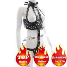 Female PU Leather Body Harness Corset Cupless Chest Bra Collar Garter Lingerie