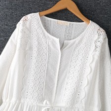 Womens Lace Cotton Blend Babydoll Dress Midi Drawstring Embroidered Long Sleeve