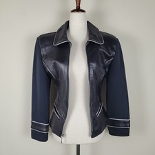 Black Leather Jacket Womens Xs White Contrast Stitching Biker