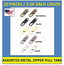 10 ASSORTED ZIPPER PULL REPLACEMENT EXTENDER PULL TAB 1.45" LONG STURDY 5 COLORS