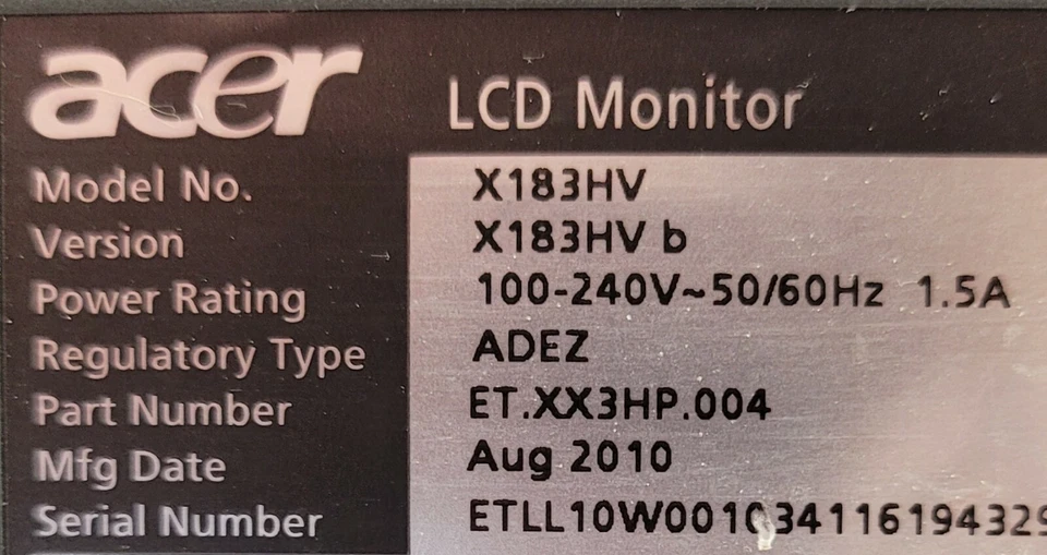 ACER 18.5” LCD Widescreen Computer Monitor X183HV - Image 3 of 3