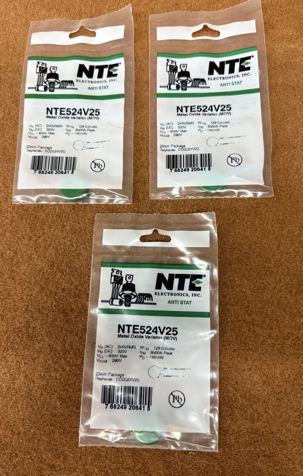 NOS NEW NTE Electronics NTE524V25 Metal Oxide Varistor, MOV (ECG524V25) 3 Pk