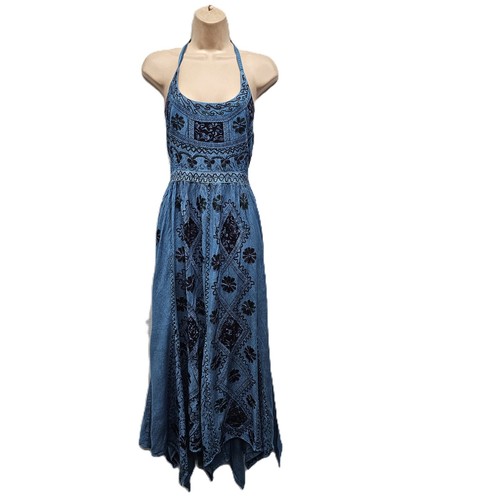Halter Neck Dress Pixie Hem Maxi Denim Backless Embroidered One Size 10 12 14 - Picture 5 of 9