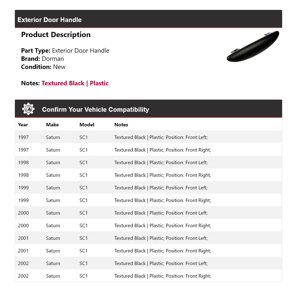 Manija de puerta exterior para Saturn SC1 1997-2002 Dorman 1998 1999 2000 2001 Foto 2 de 4