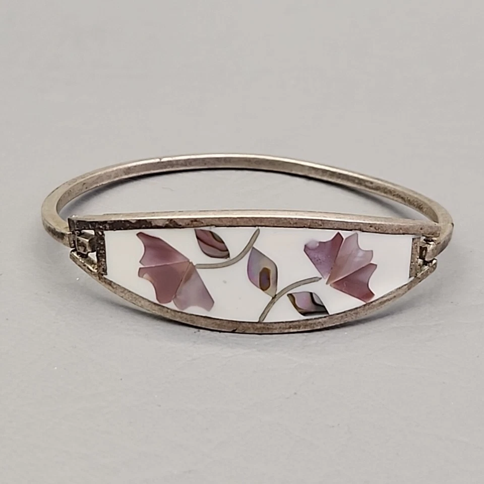 Pulsera de incrustación de madreperla con flores rosas Esmalte blanco Hecho a mano 6.75" Foto 2 de 4