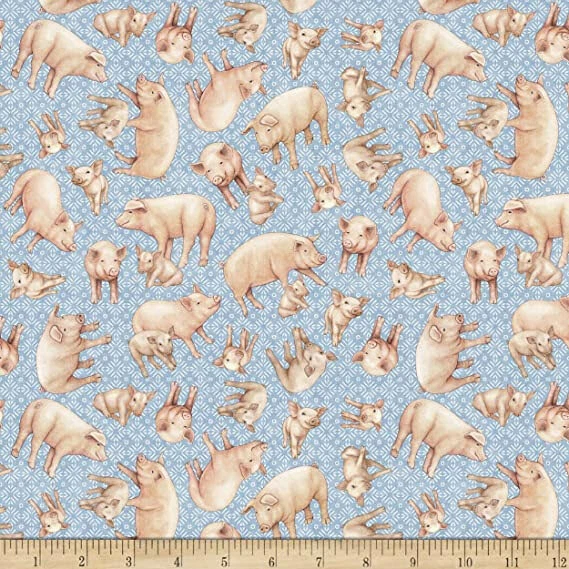 Fabric Pigs Farm Greener Pastures on Blue Cotton QT 1/4 Yard 28087B - Image 2 of 4