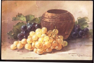Stillleben: Trauben & Topf - Katharina Klein Vintage Kunst Postkarte. Kostenloser UK Versand